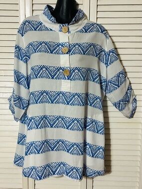 John Mark Blue & White Striped Patterned Button-Henley Tunic